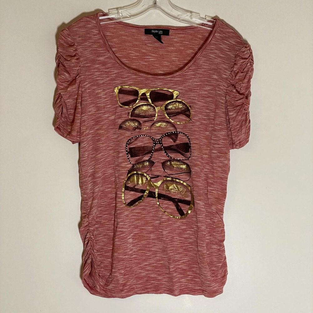 Style & Co Petite Top Womens PXL Red Gold Sunglasses Glasses Graphic Ruched Top